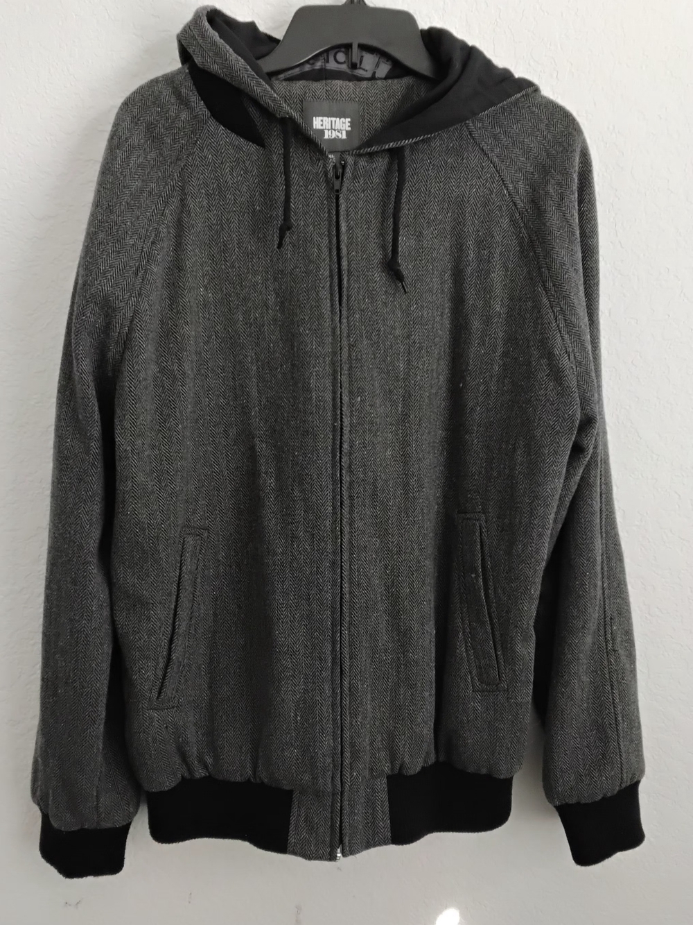 Heritage 1981 Men's Gray Herringbone Wool Blend Bomber Jacket Hooded Y2K Size XL